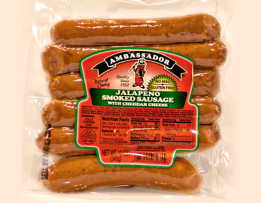 Ambassador Jalapeno Smoked Sausage with Cheddar Cheese.